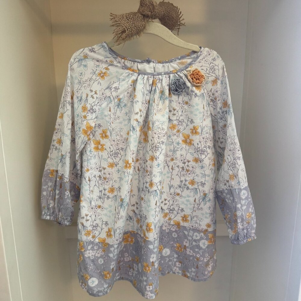Pippa & Julie Long Sleeve White, Grey + Yellow Floral Dress, girls size 4